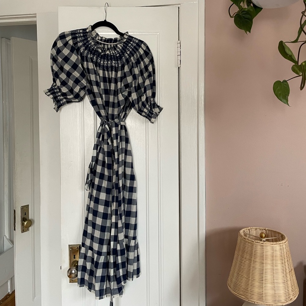 DÔEN x Heather Taylor whisper dress in navy blue gingham
